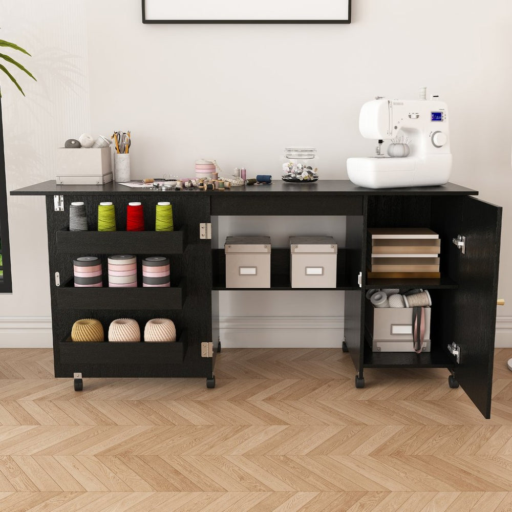 English Elm 57.5" Folding Sewing Craft Station with Rolling Casters Cabinet Bins and Open Shelf Black W2700P487996