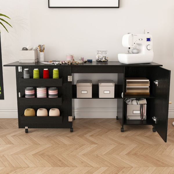English Elm 57.5" Folding Sewing Craft Station with Rolling Casters Cabinet Bins and Open Shelf Black W2700P487996