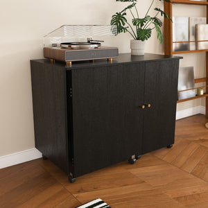 English Elm 57.5" Folding Sewing Craft Station with Rolling Casters Cabinet Bins and Open Shelf Black W2700P487996