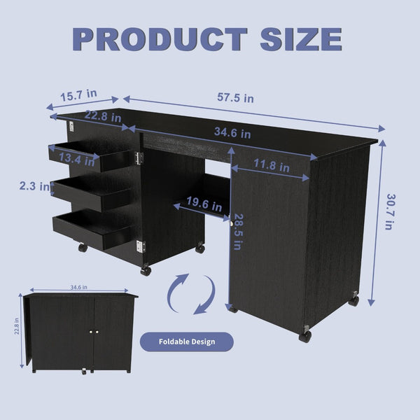 English Elm 57.5" Folding Sewing Craft Station with Rolling Casters Cabinet Bins and Open Shelf Black W2700P487996