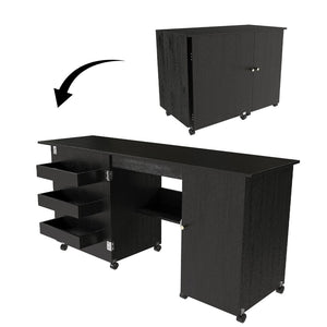 English Elm 57.5" Folding Sewing Craft Station with Rolling Casters Cabinet Bins and Open Shelf Black W2700P487996