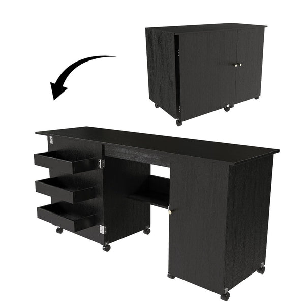 English Elm 57.5" Folding Sewing Craft Station with Rolling Casters Cabinet Bins and Open Shelf Black W2700P487996