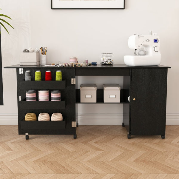 English Elm 57.5" Folding Sewing Craft Station with Rolling Casters Cabinet Bins and Open Shelf Black W2700P487996