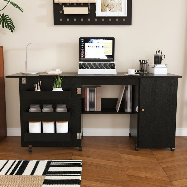 English Elm 57.5" Folding Sewing Craft Station with Rolling Casters Cabinet Bins and Open Shelf Black W2700P487996