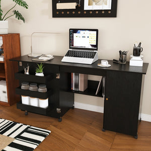English Elm 57.5" Folding Sewing Craft Station with Rolling Casters Cabinet Bins and Open Shelf Black W2700P487996
