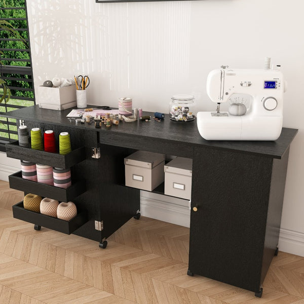 English Elm 57.5" Folding Sewing Craft Station with Rolling Casters Cabinet Bins and Open Shelf Black W2700P487996