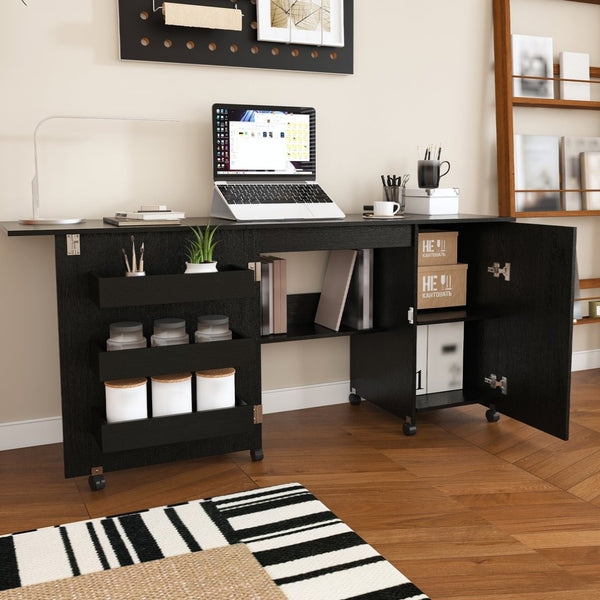 English Elm 57.5" Folding Sewing Craft Station with Rolling Casters Cabinet Bins and Open Shelf Black W2700P487996