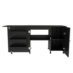 English Elm 57.5" Folding Sewing Craft Station with Rolling Casters Cabinet Bins and Open Shelf Black W2700P487996