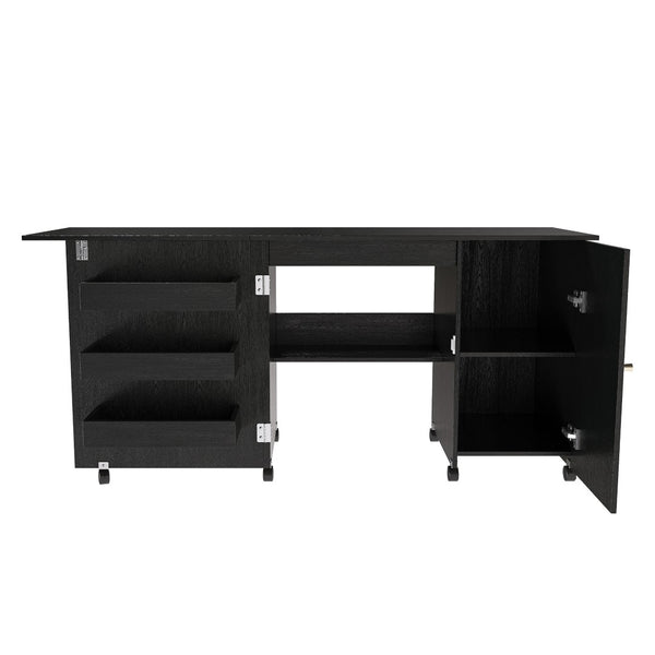English Elm 57.5" Folding Sewing Craft Station with Rolling Casters Cabinet Bins and Open Shelf Black W2700P487996