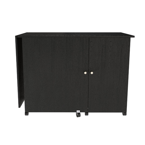 English Elm 57.5" Folding Sewing Craft Station with Rolling Casters Cabinet Bins and Open Shelf Black W2700P487996
