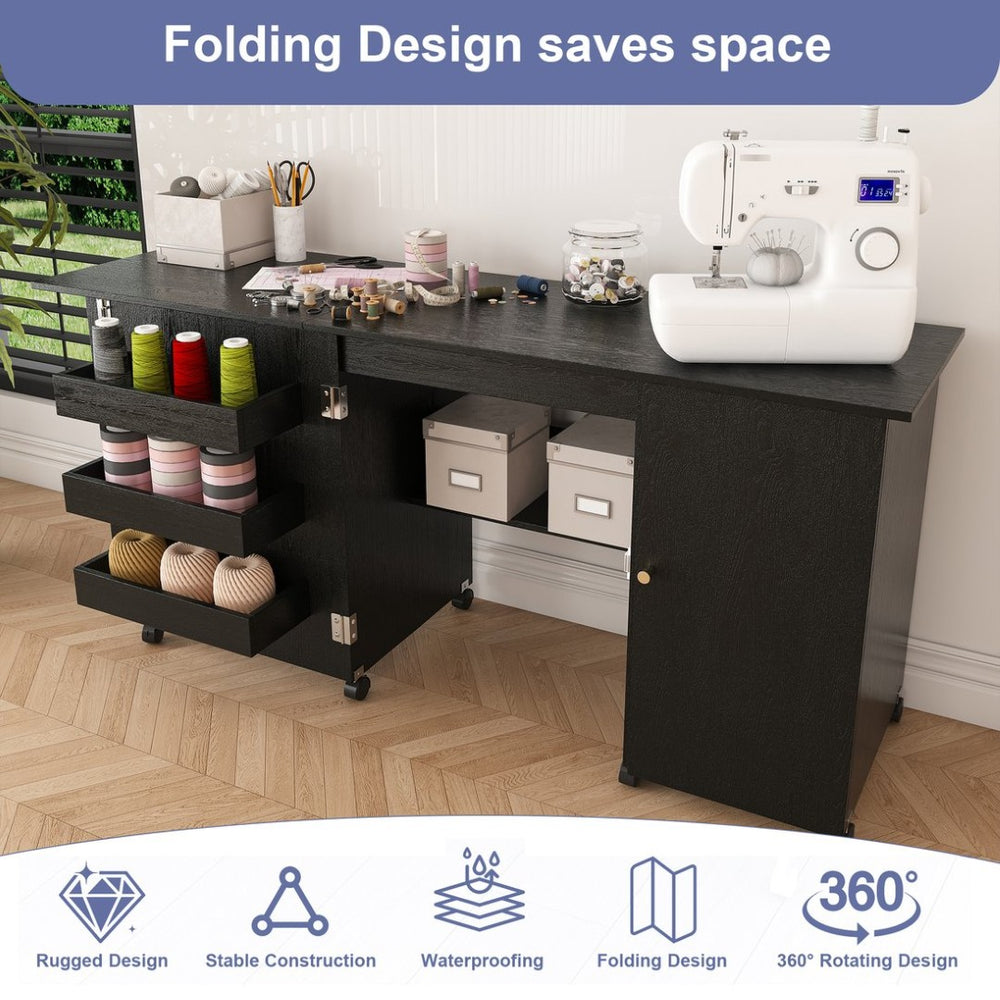 English Elm 57.5" Folding Sewing Craft Station with Rolling Casters Cabinet Bins and Open Shelf Black W2700P487996