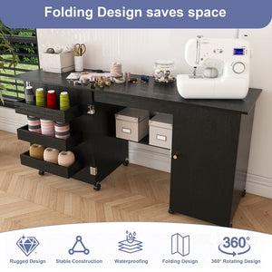 English Elm 57.5" Folding Sewing Craft Station with Rolling Casters Cabinet Bins and Open Shelf Black W2700P487996