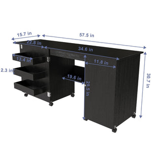 English Elm 57.5" Folding Sewing Craft Station with Rolling Casters Cabinet Bins and Open Shelf Black W2700P487996