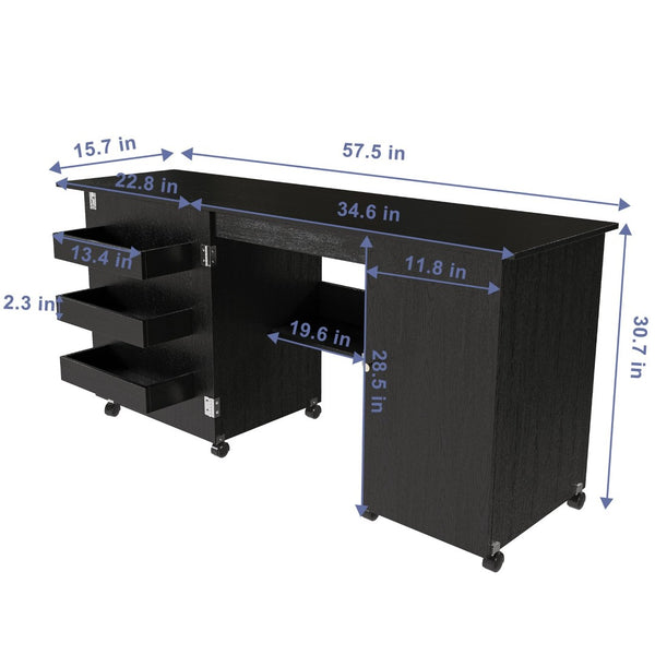 English Elm 57.5" Folding Sewing Craft Station with Rolling Casters Cabinet Bins and Open Shelf Black W2700P487996