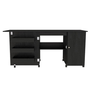 English Elm 57.5" Folding Sewing Craft Station with Rolling Casters Cabinet Bins and Open Shelf Black W2700P487996