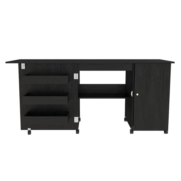 English Elm 57.5" Folding Sewing Craft Station with Rolling Casters Cabinet Bins and Open Shelf Black W2700P487996