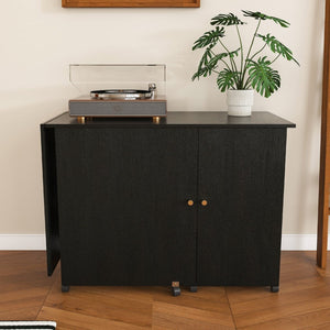 English Elm 57.5" Folding Sewing Craft Station with Rolling Casters Cabinet Bins and Open Shelf Black W2700P487996