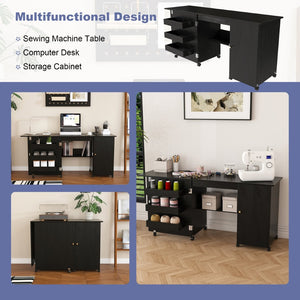 English Elm 57.5" Folding Sewing Craft Station with Rolling Casters Cabinet Bins and Open Shelf Black W2700P487996
