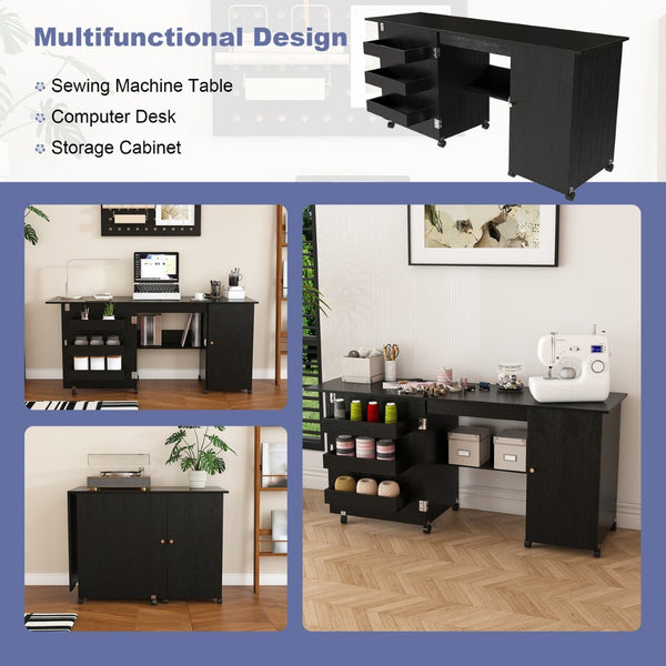 English Elm 57.5" Folding Sewing Craft Station with Rolling Casters Cabinet Bins and Open Shelf Black W2700P487996