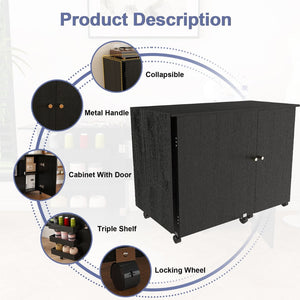 English Elm 57.5" Folding Sewing Craft Station with Rolling Casters Cabinet Bins and Open Shelf Black W2700P487996