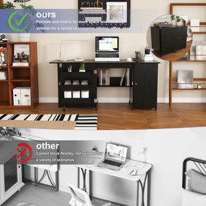 English Elm 57.5" Folding Sewing Craft Station with Rolling Casters Cabinet Bins and Open Shelf Black W2700P487996