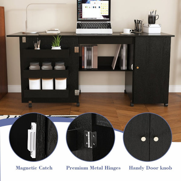 English Elm 57.5" Folding Sewing Craft Station with Rolling Casters Cabinet Bins and Open Shelf Black W2700P487996
