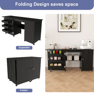 English Elm 57.5" Folding Sewing Craft Station with Rolling Casters Cabinet Bins and Open Shelf Black W2700P487996