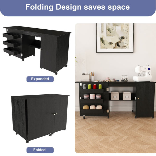 English Elm 57.5" Folding Sewing Craft Station with Rolling Casters Cabinet Bins and Open Shelf Black W2700P487996