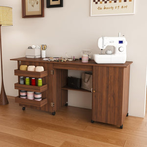 English Elm 57.5" Folding Sewing Craft Station with Rolling Casters Cabinet Bins and Open Shelf Walnut W2700P487997