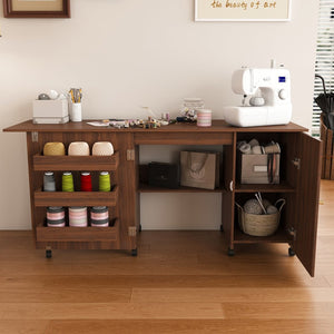 English Elm 57.5" Folding Sewing Craft Station with Rolling Casters Cabinet Bins and Open Shelf Walnut W2700P487997