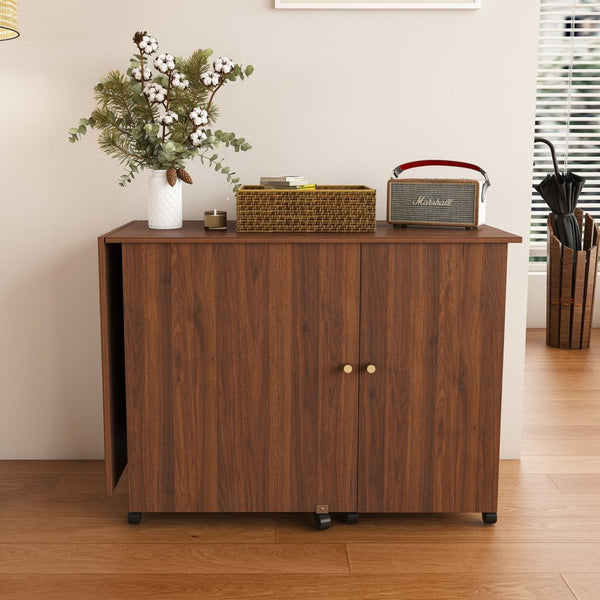 English Elm 57.5" Folding Sewing Craft Station with Rolling Casters Cabinet Bins and Open Shelf Walnut W2700P487997