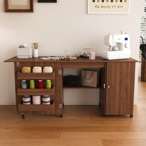 English Elm 57.5" Folding Sewing Craft Station with Rolling Casters Cabinet Bins and Open Shelf Walnut W2700P487997
