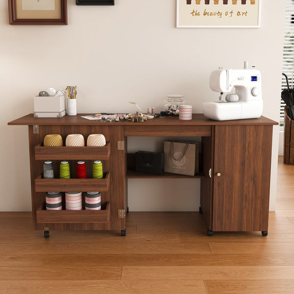 English Elm 57.5" Folding Sewing Craft Station with Rolling Casters Cabinet Bins and Open Shelf Walnut W2700P487997