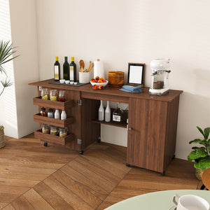English Elm 57.5" Folding Sewing Craft Station with Rolling Casters Cabinet Bins and Open Shelf Walnut W2700P487997