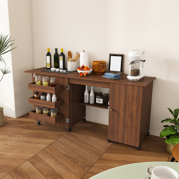 English Elm 57.5" Folding Sewing Craft Station with Rolling Casters Cabinet Bins and Open Shelf Walnut W2700P487997