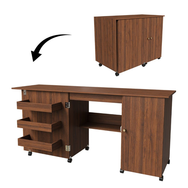 English Elm 57.5" Folding Sewing Craft Station with Rolling Casters Cabinet Bins and Open Shelf Walnut W2700P487997