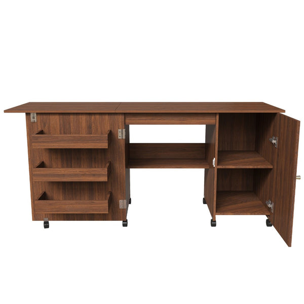 English Elm 57.5" Folding Sewing Craft Station with Rolling Casters Cabinet Bins and Open Shelf Walnut W2700P487997