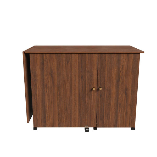 English Elm 57.5" Folding Sewing Craft Station with Rolling Casters Cabinet Bins and Open Shelf Walnut W2700P487997