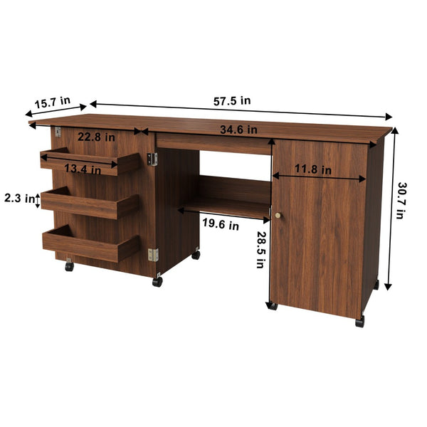 English Elm 57.5" Folding Sewing Craft Station with Rolling Casters Cabinet Bins and Open Shelf Walnut W2700P487997