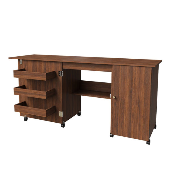 English Elm 57.5" Folding Sewing Craft Station with Rolling Casters Cabinet Bins and Open Shelf Walnut W2700P487997