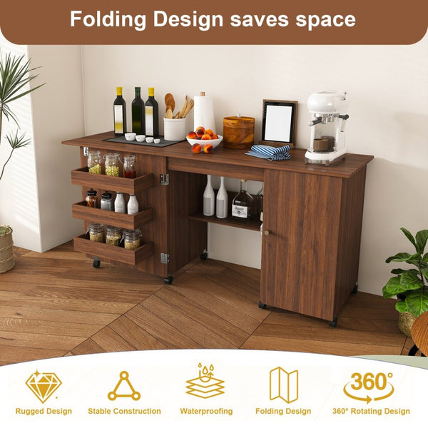 English Elm 57.5" Folding Sewing Craft Station with Rolling Casters Cabinet Bins and Open Shelf Walnut W2700P487997