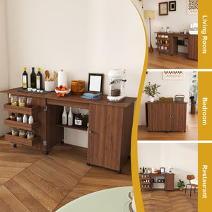 English Elm 57.5" Folding Sewing Craft Station with Rolling Casters Cabinet Bins and Open Shelf Walnut W2700P487997