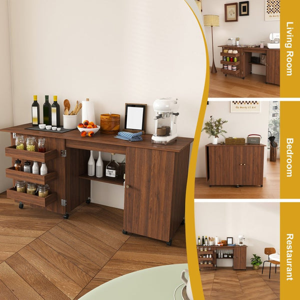 English Elm 57.5" Folding Sewing Craft Station with Rolling Casters Cabinet Bins and Open Shelf Walnut W2700P487997
