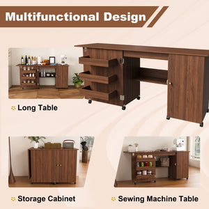 English Elm 57.5" Folding Sewing Craft Station with Rolling Casters Cabinet Bins and Open Shelf Walnut W2700P487997