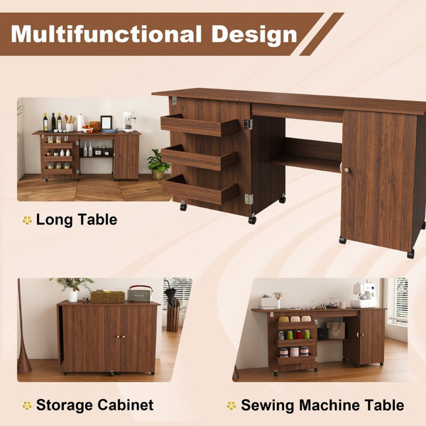 English Elm 57.5" Folding Sewing Craft Station with Rolling Casters Cabinet Bins and Open Shelf Walnut W2700P487997