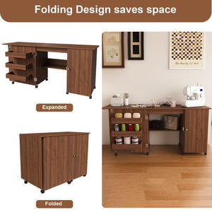English Elm 57.5" Folding Sewing Craft Station with Rolling Casters Cabinet Bins and Open Shelf Walnut W2700P487997