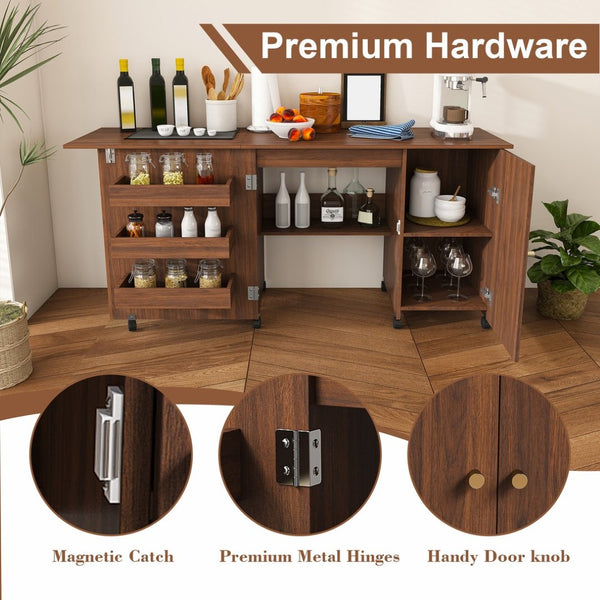 English Elm 57.5" Folding Sewing Craft Station with Rolling Casters Cabinet Bins and Open Shelf Walnut W2700P487997
