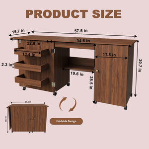 English Elm 57.5" Folding Sewing Craft Station with Rolling Casters Cabinet Bins and Open Shelf Walnut W2700P487997