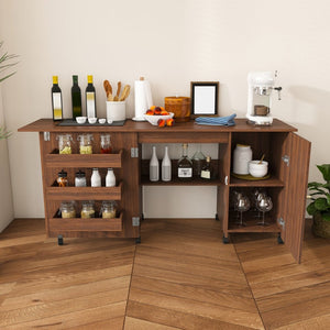 English Elm 57.5" Folding Sewing Craft Station with Rolling Casters Cabinet Bins and Open Shelf Walnut W2700P487997