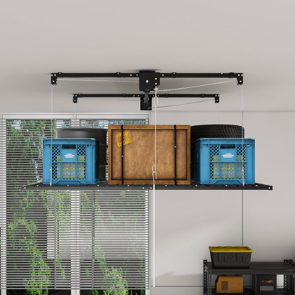 English Elm Overhead Garage Storage Rack with Crank Lift All Steel 350 Lb High Ceiling Mount W2700P494382